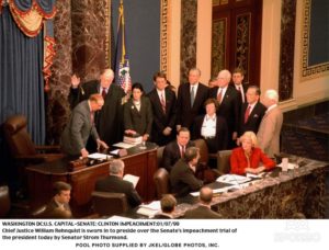 Chief Justice William Rehnquist sworn in to preside over Senate impeachment trial of President Clinton, 1999.