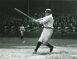 Babe Ruth taking a mighty swing in 1921 season -- look at the size of that bat!